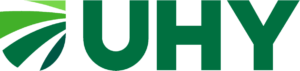 Logo of UHY featuring large green letters with a stylized, curved design on the left.