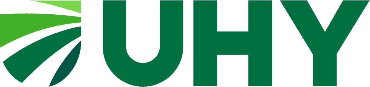 Logo of UHY featuring large green letters with a stylized, curved design on the left.