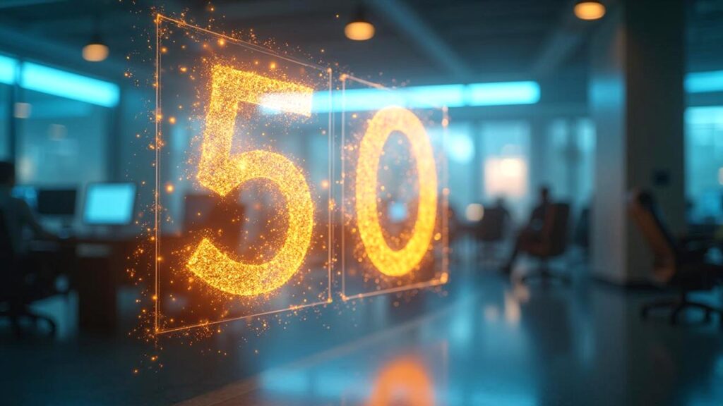 Glowing number 50 in a modern office setting with dim lighting and blurred background.