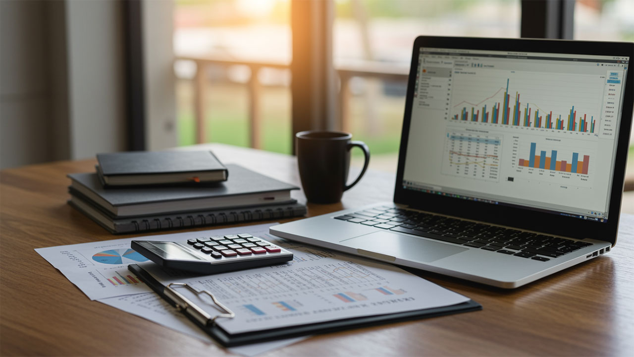 A laptop displaying charts, a calculator, documents, notebooks, a pen, and a coffee mug are on a wooden table.