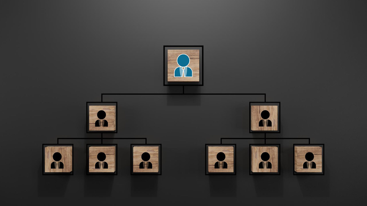 A hierarchical organization chart with wood-framed icons; one blue person icon at the top linked to eight black person icons below.