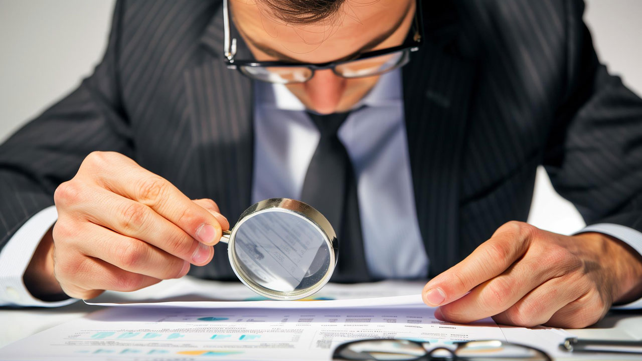 Person in a suit closely examining documents with a magnifying glass, wearing glasses, with additional papers and glasses on the table.