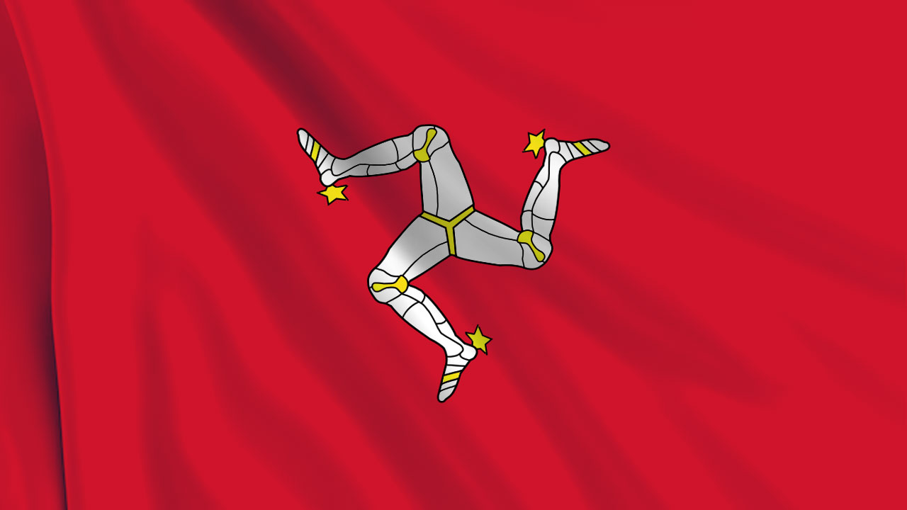 Flag of the Isle of Man featuring a red background with a three-legged design, known as a triskelion, each leg armored and adorned with golden stars.